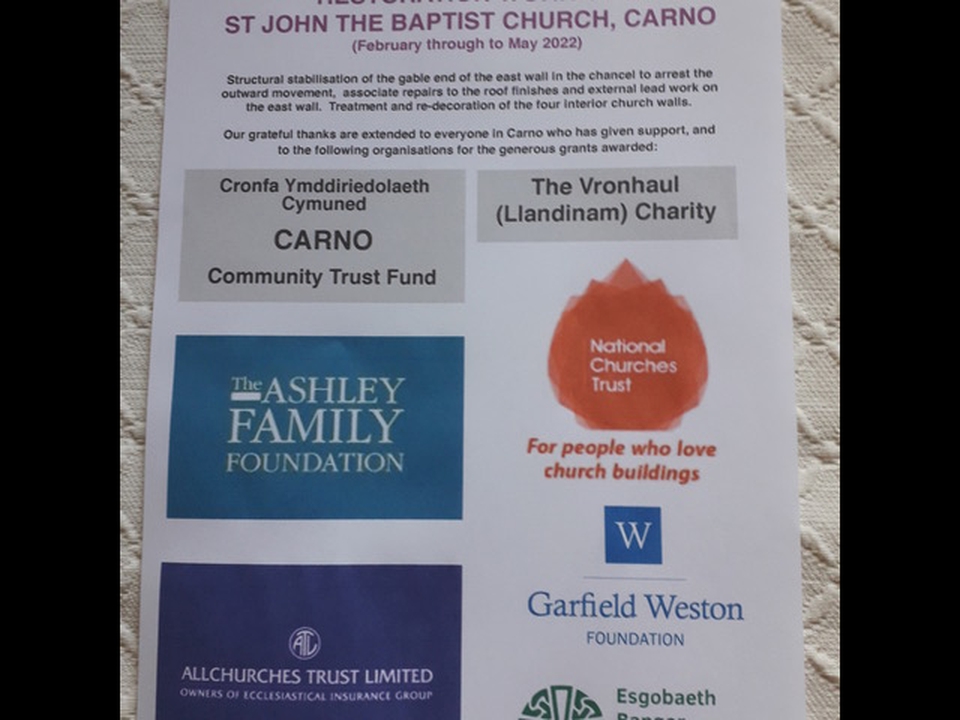 Carno church restoration sponsors